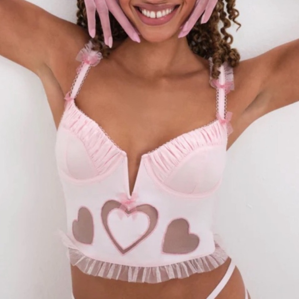 NWT M For Love & Lemons Pink Heart Cut Out Ruffle Bustier Top